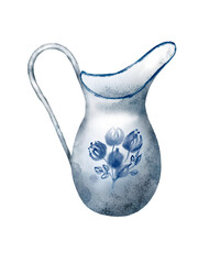 Watercolor illustration - Blue vintage jug