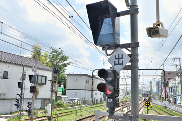 鉄道の信号機（構内出発信号機）とホーム監視カメラ　横位置