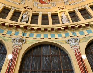 Obraz premium Fantastic Art nouveau train station in pastel yellow