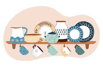 Ceramic kitchenware on shelves. Handmade tableware for decoration design. Dinnerware and kitchen utensils collection hand drawn vector illustration