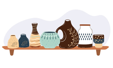 Ceramic kitchenware on shelves. Handmade tableware for decoration design. Dinnerware and kitchen utensils collection hand drawn vector illustration
