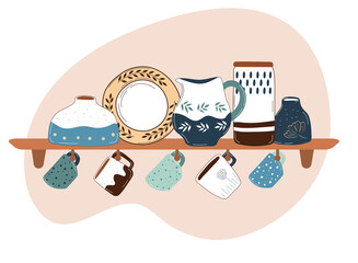 Ceramic kitchenware on shelves. Handmade tableware for decoration design. Dinnerware and kitchen utensils collection hand drawn vector illustration