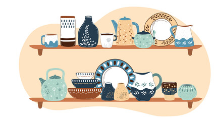 Ceramic cooking crockery. Decorative handmade kitchen utensils or tableware such as plates, cups, dishes. Cookware for food preparing, serving and decoration design hand drawn vector illustration
