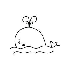 Whale doodle illustration. Black outline. Vector