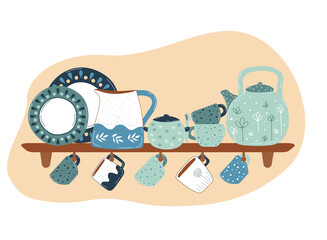 Handmade ceramic teapot, cup, sugar bowl with decorative floral pattern. Hand drawn kitchen utensils vector set illustration
