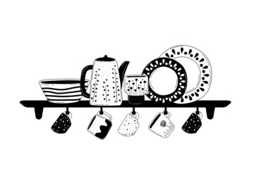 Ceramic cooking crockery. Decorative handmade kitchen utensils or tableware such as plates, cups, dishes. Cookware for food preparing, serving and decoration design hand drawn vector illustration