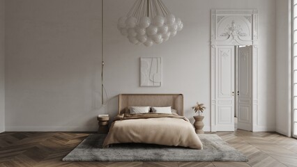 White bedroom in classical style mockup 3d render with large decorated door, classic window, bed, carpet and wooden floor