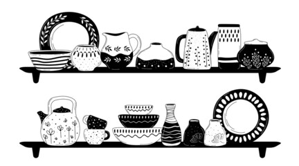 Ceramic cooking crockery. Decorative handmade kitchen utensils or tableware such as plates, cups, dishes. Cookware for food preparing, serving and decoration design hand drawn vector illustration.