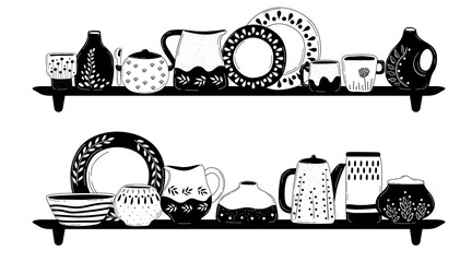 Ceramic cooking crockery. Decorative handmade kitchen utensils or tableware such as plates, cups, dishes. Cookware for food preparing, serving and decoration design hand drawn vector illustration.