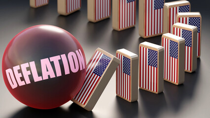 USA America and deflation, causing a national problem and a falling economy. Deflation as a driving force in the possible decline of USA America.,3d illustration