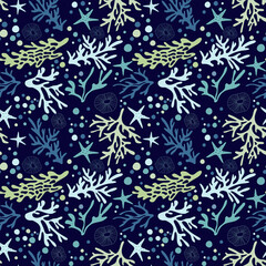 Sea seamless pattern with marine life-seaweed, seashell, corals, starfish. Hand drawn vector illustration. Original texture for textile, fabric, wallpaper, apparel clothing, banner, poster, postcard