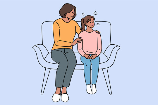 Loving young mom talk with stressed teen daughter suffering from bullying at school. Caring mother comfort support little teenager girl child. Motherhood concept. Vector illustration. 