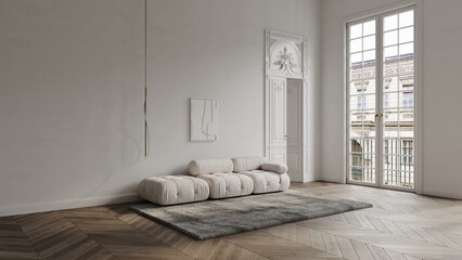 White room in classical style mockup 3d render with large decorated door, classic window, sofa, carpet and wooden floor