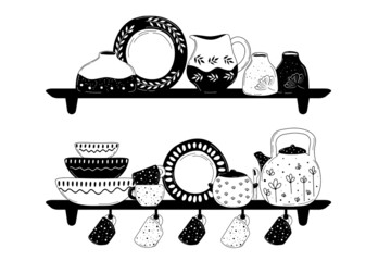 Ceramic cooking crockery. Decorative handmade kitchen utensils or tableware such as plates, cups, dishes. Cookware for food preparing, serving and decoration design hand drawn vector illustration