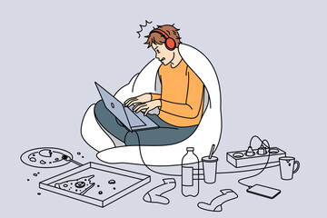 Guy gamer playing online on laptop surrounded by food at home. Desperate man using computer feel addicted to social media and gaming. Addiction to gadgets. Vector illustration. 