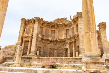 Jerash, Jordan - June 5 2019: The nymphaeum, the fountain of Jerash