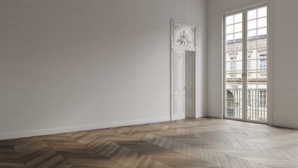 Empty white room in classical style mockup 3d render with large decorated door, classic window, and wooden floor © Stephen Tsimbalyuk