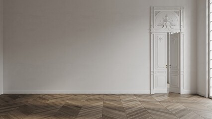 Empty white room in classical style mockup 3d render with large decorated door, classic window, and wooden floor