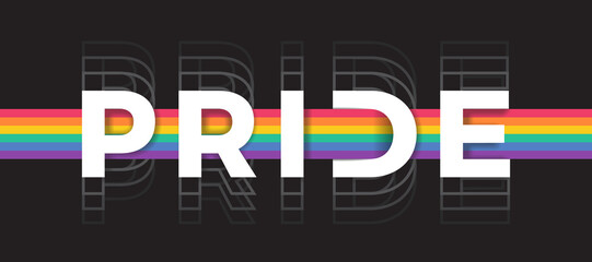 Pride text with horizontal rainbow pride flags cross over on black background vector design - obrazy, fototapety, plakaty