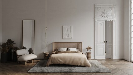 White bedroom in classical style mockup 3d render with large decorated door, classic window, bed, carpet, chair and wooden floor