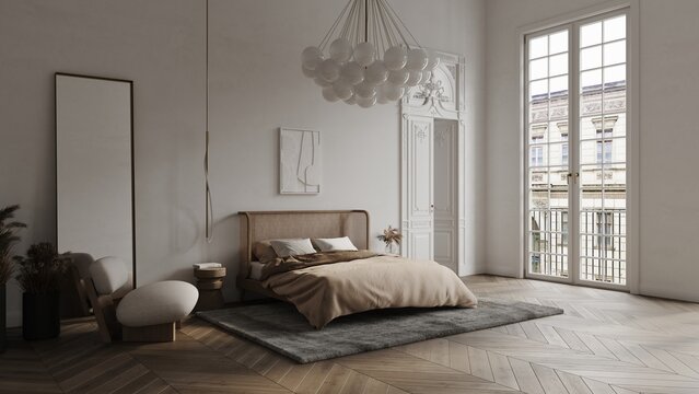 White bedroom in classical style mockup 3d render with large decorated door, classic window, bed, carpet, chair and wooden floor