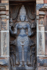 Sculpture of Goddess Durga as Mahisaurmardini on Gopuram of Nataraja Temple, Chidambaram, Tamilnadu, India