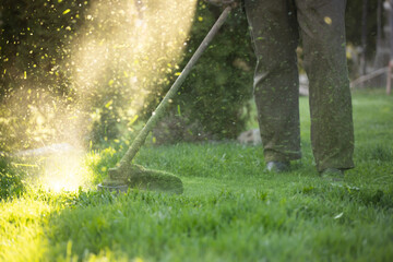 Lawn mover on green grass. Machine for cutting lawns.