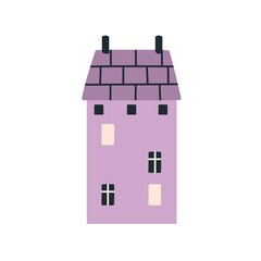 Cute small house in Scandinavian style. Cozy sweet nordic home of old town. Little building exterior with lights in windows. Scandi kids flat vector illustration isolated on white background