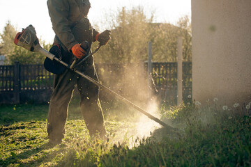 Lawn mover on green grass. Machine for cutting lawns.