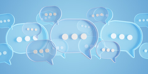 Minimalist blue speech bubbles talk icons floating over background. Modern conversation or social media messages with shadow. 3D rendering - obrazy, fototapety, plakaty