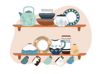 Ceramic kitchenware on shelves. Handmade tableware for decoration design. Dinnerware and kitchen utensils collection hand drawn vector illustration