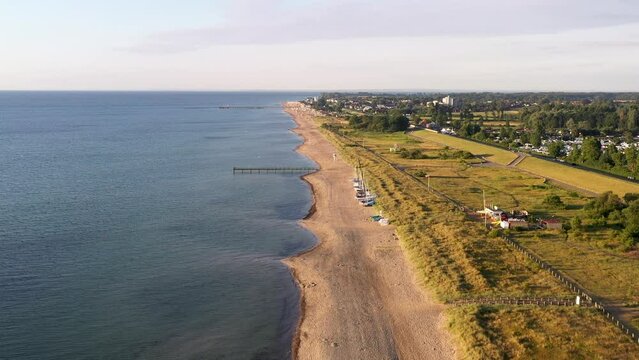 Dahme, Germany - July 31, 2021: Aerial drone view of Dahme Beach in Schleswig-Holstein.