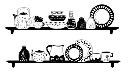Ceramic cooking crockery. Decorative handmade kitchen utensils or tableware such as plates, cups, dishes. Cookware for food preparing, serving and decoration design hand drawn vector illustration.