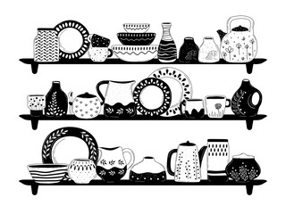 Handmade kitchenware for decoration design ceramic studio. Cooking background. Kitchen utensils set. Tableware hand drawn vector illustration