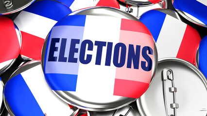France and Elections - dozens of pinback buttons with a flag of France and a word Elections. 3d render symbolizing upcoming Elections in this country.,3d illustration