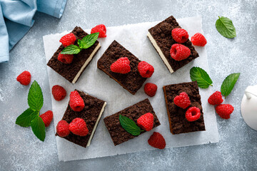 Chocolate cube cake, sliced brownie cheesecake with fresh raspberry