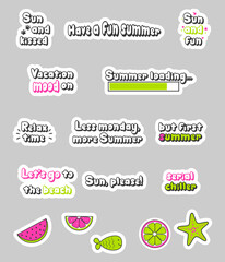 Summer quotes printable stickers. Stock vector illustration.