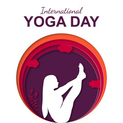 International yoga day. Laser cut origami art concept. Female yoga body posture on red and purple background.