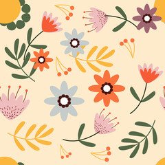Vector seamless summer pattern with flowers in flat style. Textile pattern, children clothes, textile for baby, wallpaper, background