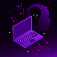 Graphic Laptop and Human Profile Outline. AI Illustration. Vector illustration
