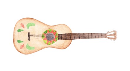 Watercolor guitar isolated on a white background. Hand-drawn musical instrument illustration. Fiesta object in a cartoon style. Wooden classic acoustic guitar clipart.