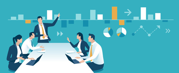 Team and business chart. The team discusses stock market developments. Vector illustration.
