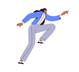Business person running, hurrying, stepping up. Ambitious woman employee aspiring, achieving goal. Enthusiastic businesswoman. Aspiration concept. Flat vector illustration isolated on white background
