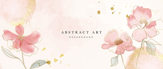 Fototapeta Spring floral in watercolor vector background. Luxury wallpaper design with pink flowers, line art, golden texture. Elegant gold blossom flowers illustration suitable for fabric, prints, cover. obraz