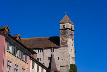 Fototapeta na wymiar Medieval castle of Rapperswil-Jona at the old town on a sunny spring day. Photo taken April 28th, 2022, Rapperswil-Jona, Switzerland.