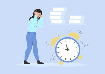 Concept Of Business Planning, Scheduling, Compliance With Deadlines, Time Management, Burnout. Stressed Business Woman Stands Near Huge Clock Alarm In Office. Cartoon Flat Style. Vector Illustration