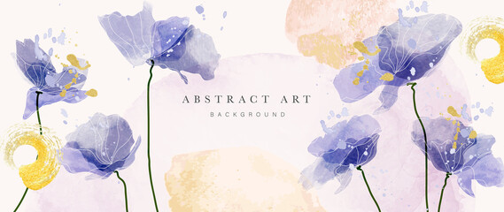 Spring floral in watercolor vector background. Luxury wallpaper design with blue flowers, line art, circle shapes. Elegant gold blossom flowers illustration suitable for fabric, prints, cover. © TWINS DESIGN STUDIO