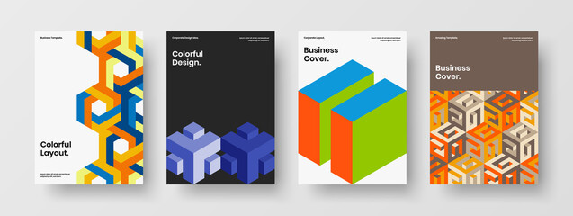 Minimalistic magazine cover A4 vector design illustration composition. Colorful geometric pattern postcard template set.