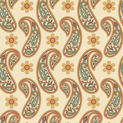 Vector Indian Paisley with flower repeat seamless pattern background. Vector illustration