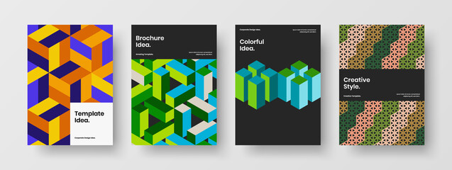 Unique cover design vector illustration set. Amazing geometric tiles corporate brochure template collection.